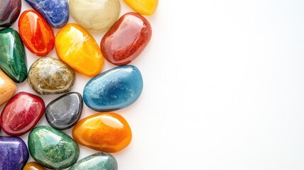 Poster - Assorted Colorful Smooth Stones Stacked on Bright White Background with Copy Space for Text and Decorative Accent for Natural Decor