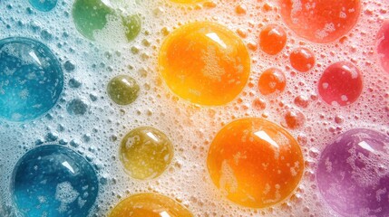 Poster - Vibrant Multicolored Soap Bubbles with Vivid Blue, Green, Orange, and Purple Tones on Soft White Foam Background Ideal for Text Overlay