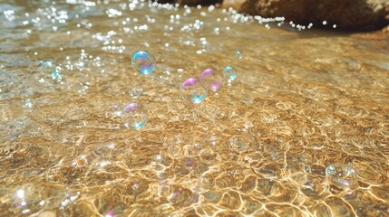Poster - Colorful soap bubbles glistening on golden shallow water surface with sparkling sunlight reflections and ample copy space for text.