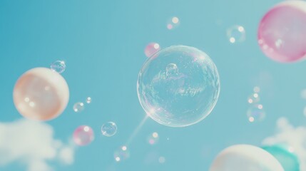 Poster - Colorful floating soap bubbles in a bright blue sky with soft white clouds and ample empty space for text, ideal for vibrant designs and creativity