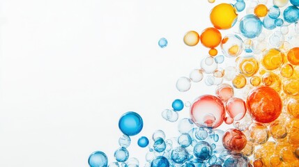 Poster - Colorful Transparent Soap Bubbles in Blue Orange and Red Shades on Clean White Background with Generous Copy Space for Text and Design Elements