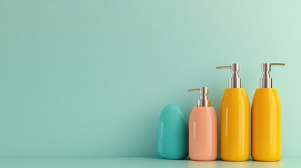Poster - Vibrant soap dispenser mockup featuring pastel blue, peach, and bright yellow bottles arranged on a mint green background with ample empty space for text.