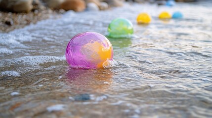 Poster - Colorful soap bubbles in vibrant hues of pink yellow and green floating gently on clear shallow water with pebbles and empty space for text