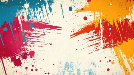 Poster - vibrant abstract grunge background with splashes of blue red and orange paint on cream canvas ideal 
