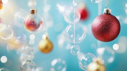 Poster - Colorful Soap Bubbles and Glittering Holiday Ornaments in Red and Gold Against a Soft Blue Background with Blurred Lights and Space for Text