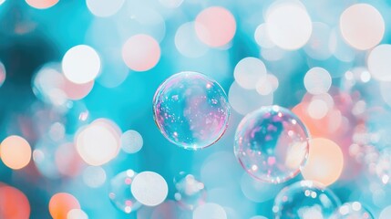Poster - Colorful soap bubbles floating gracefully in a bright blue sky with vibrant bokeh effect and empty soft pastel space for text insertion