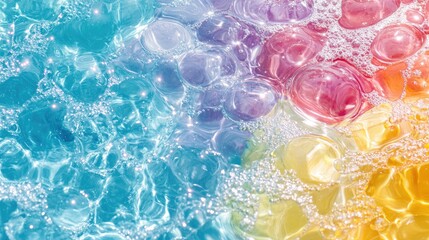 Poster - Vibrant colorful soap bubbles gracefully floating on a shimmering water surface in shades of blue, pink, and yellow with ample empty copy space for text.