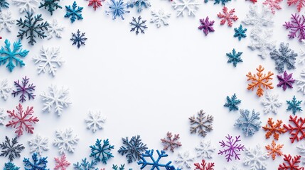 Wall Mural - Colorful Snowflakes in Various Shades Surrounding a White Background with Winter Theme and Ample Copy Space for Text Creation