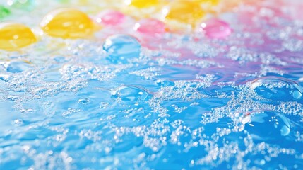 Poster - Colorful soap bubbles in vibrant pastel shades of yellow pink and blue floating on shimmering water surface with space for text background