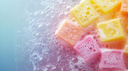 Poster - Brightly colored pastel soaps submerged in soft white bubbles against a gradient blue background with ample copy space for text display
