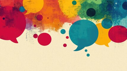 Poster - Vibrant Multicolored Grunge Speech Bubble Background with Peach Text Area for Copy in Artistic Overlay on Canvas Texture