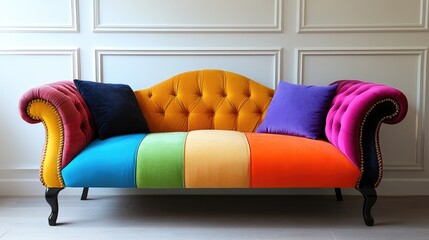 Poster - Vibrant Multicolored Velvet Sofa in Chic Modern Living Room with Textured Wall and Neutral Color Palette Surroundings