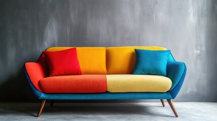Poster - Vibrant Multi-Colored Sofa in Chic Modern Living Room Setting with Gray Textured Wall and Empty Space for Creative Text Insertion