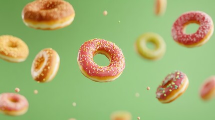 Poster - Vibrant Assorted Donuts with Sprinkles Floating Against a Fresh Green Background and Spacious Copy Area for Creative Text Use