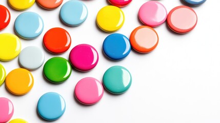 Poster - Vibrant Collection of Round Colorful Souvenir Magnets in Rainbow Hues Spread Across a White Background with Blank Space for Copy