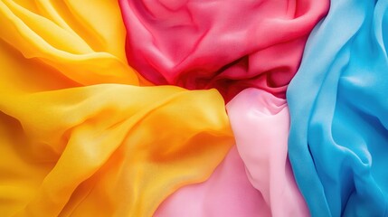 Poster - Vibrant Multicolored Sheer Fabric Textiles in Yellow Pink Red and Blue with Smooth Texture and Generous Blank Space for Creative Text Placement