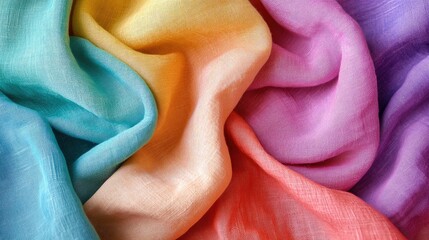 Poster - Vibrant multicolored soft cotton fabric draping elegantly with smooth pastel hues for sustainable fashion design featuring empty space for creative text