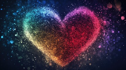 Poster - Colorful sparkling heart shape made of tiny glittering particles in shades of red, purple, blue, and green on a dark background with empty text space.