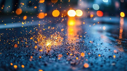 Poster - Vibrant Colorful Sparks Illuminate Wet Asphalt Surface at Night with Bokeh Lights and Ample Copy Space for Creative Text Integration