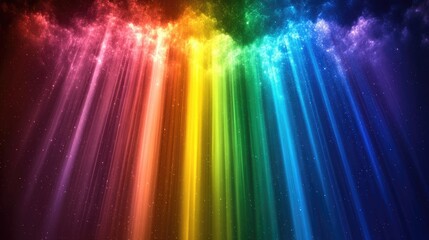 Poster - Vibrant Spectrum of Colorful Light Rays Filtering Through Clouds in a Dramatic Sky with Expansive Empty Space for Text in Blue and Purple Tones
