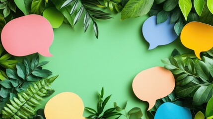 Poster - Vibrant Speech Bubbles in Shades of Pink Blue and Yellow Framed by Lush Green Leaves on a Serene Green Background with Copy Space for Text