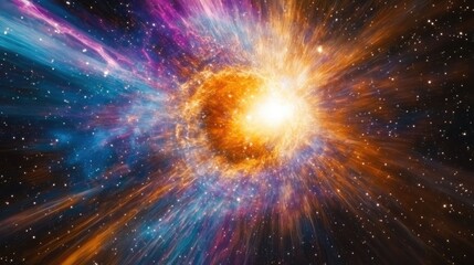 Poster - Vivid Galactic Explosion in Deep Space with Radiant Orange and Blue Rays Illuminating a Starry Background and Copy Space for Text