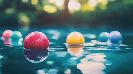 Poster - Vibrant multicolored spheres gently buoyant on serene turquoise water surface surrounded by lush green foliage with ample copy space for text