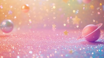 Poster - glittering cosmic background with colorful stars and planets in soft pastel hues and space for text 