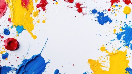 Poster - vibrant mosaic of colorful paint splashes in red, blue, and yellow on white background with empty co