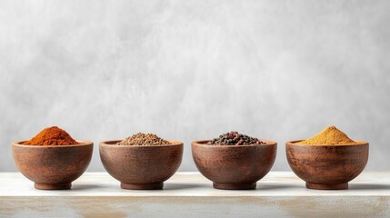 Poster - vibrant earthy spices in rustic wooden bowls on white wooden table with gray textured background and