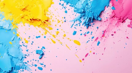 Poster - vibrant splashes of pink blue and yellow paint on a soft pink background creating a dynamic abstract