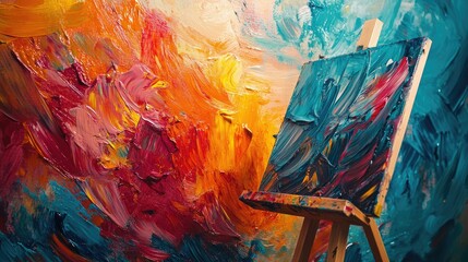 Poster - Vibrant abstract paint splashes on textured canvas with an easel in a colorful studio setting showcasing dynamic hues of blue orange and red.