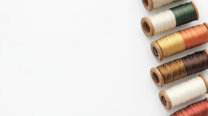 Poster - Colorful Spools of Sewing Thread in Earthy Tones Arranged Horizontally on Light Background with Copy Space for Crafting Text and Designs