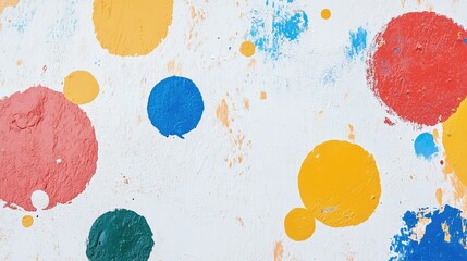 Poster - Vibrant Colorful Paint Spots in Varying Sizes on Textured White Background with Ample Copy Space for Creative Use