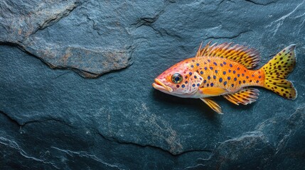 Poster - Vibrant Spotted Fish with Bright Orange and Yellow Colors Resting on Dark Textured Slate Surface Surrounded by Natural Light and Ample Copy Space