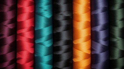 Poster - Vibrant Multicolored Spools of Thread in Textile Store with Rich Purple Red Black Green Gold and Blue Hues and Ample Text Space for Creative Use