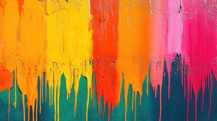 Poster - Vibrant multicolored spray paint drips in an urban setting with bright yellow, orange, pink, and teal tones, providing ample empty space for text.