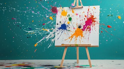Poster - colorful paint splashes on canvas with vibrant hues of yellow blue pink and orange against teal back