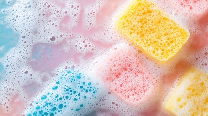 Poster - Colorful blue yellow and pink sponges submerged in bubbly soapy water with vibrant foam texture and empty white space for text above