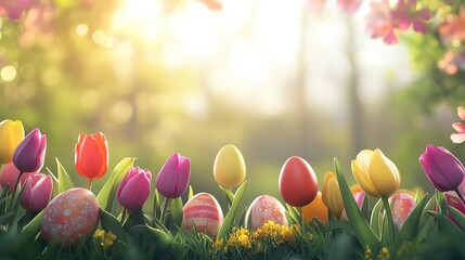 Poster - vibrant easter eggs among blooming tulips in colorful spring garden with soft light and empty copy s