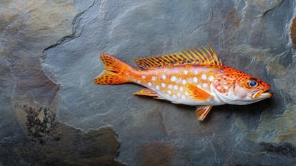 Poster - Vibrant Colorful Spotted Fish Displayed on Textured Dark Slate Surface Highlighting Freshness and Natural Light with Generous Empty Copy Space for Text
