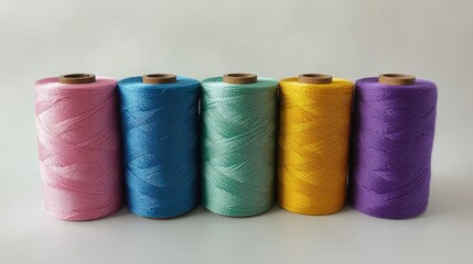 Poster - Vibrant pastel spools of thread in a craft supply store arranged neatly on a light grey background with ample empty space for text and design.