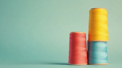 Poster - Colorful Spools of Sewing Thread in Red Yellow and Blue Stacked Against a Soft Turquoise Background with Copy Space for Text
