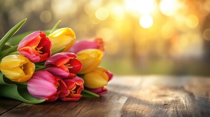 Poster - Vibrant spring tulip bouquet in shades of pink and yellow on rustic wooden table with soft glowing sunlight and bokeh background suitable for celebrations