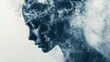 © Cyber Shutter - Dark monochrome silhouette of woman with swirling smoke representing negative emotions stress and anger on light background with copy space
