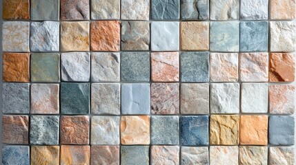 Poster - Vibrant square mosaic tiles in earthy tones of orange, gray, and green arranged in a decorative pattern with ample empty space for text insertion.