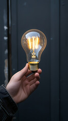 Aufkleber - Close-up of a hand holding a vintage light bulb, illuminating the dark background with a warm glow, symbolizing innovation and creativity