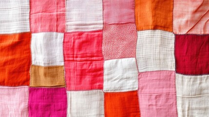 Poster - Vibrant patchwork fabric texture in shades of red, white, orange, and pink with ample negative space for custom text placement in a cozy setting