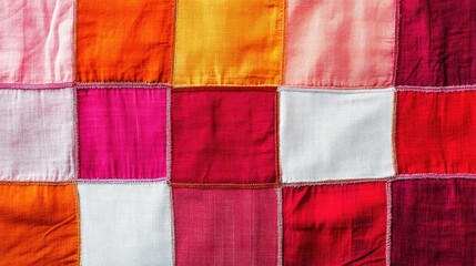 Poster - Vibrant square patchwork fabric texture in shades of red, white, orange, and pink with ample empty space for custom text, styled for creative projects
