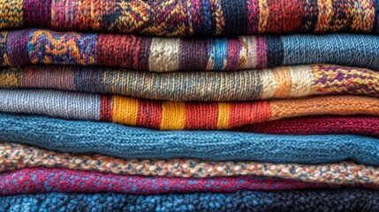 Poster - Vibrant Arrangement of Textured Knitted Sweaters in Warm and Cool Tones with Colorful Patterns and Blank Space for Marketing or Text Placement